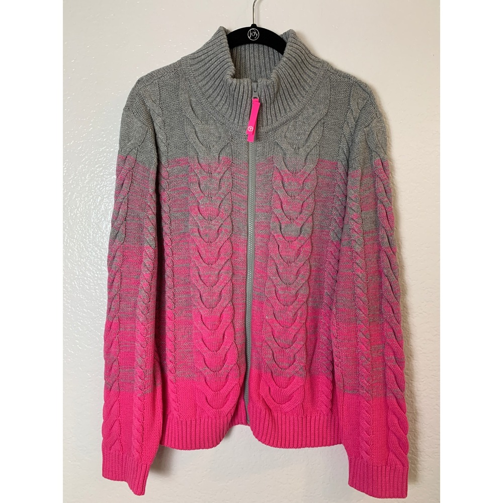 T by Talbots Cardigan Women Large Gray Pink Ombre Cable Knit Full Zip Sweater
